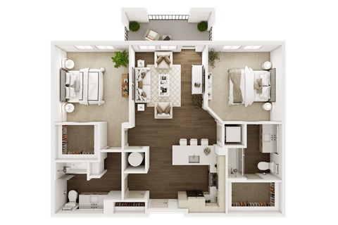 Floor plan for 2 beds, 2 baths, 1042 sqft